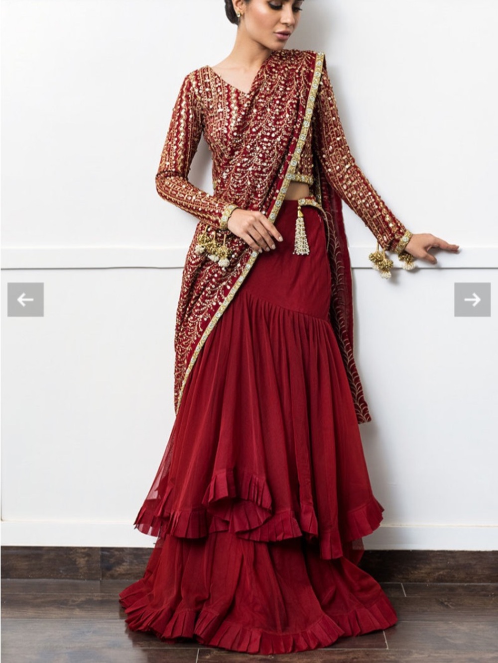 Elegant Deep Red Embellished Women's Lehenga (Pakistani Designer); Size Small